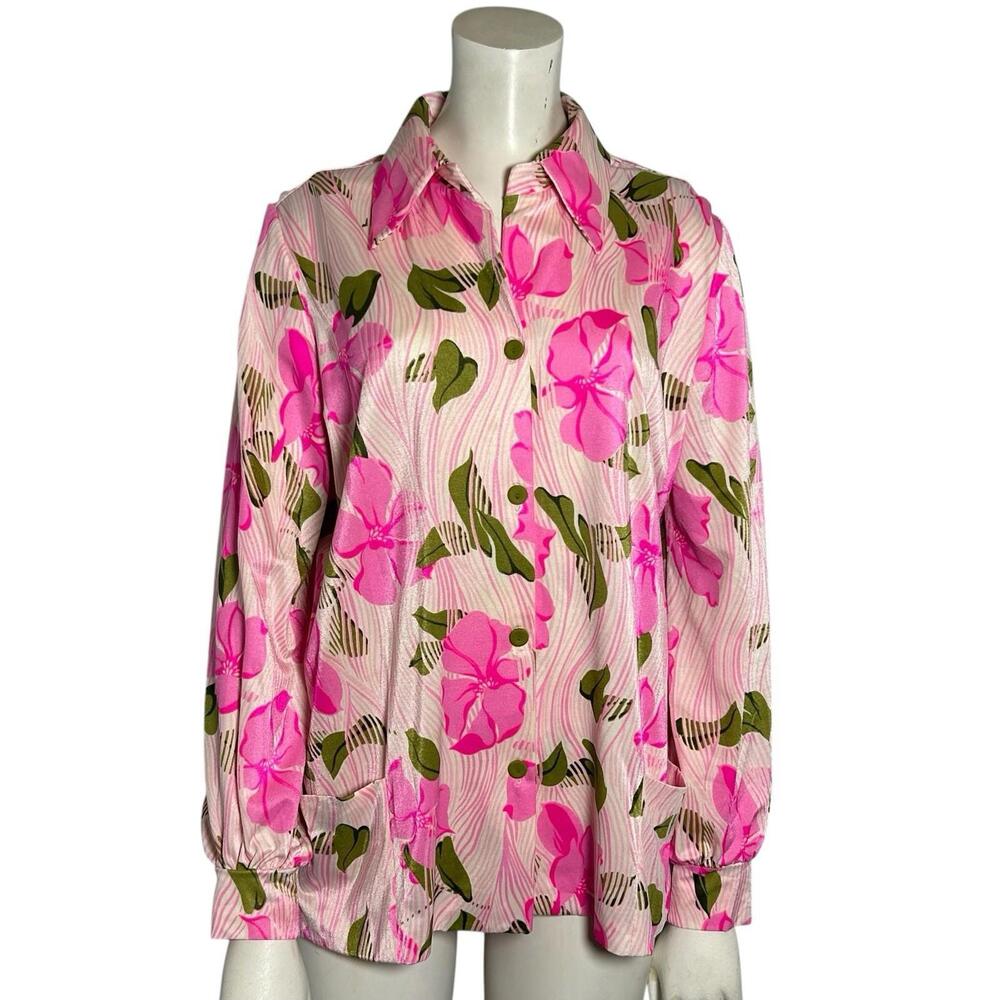 Vintage 70s DeWeese Swim Cover Up Floral Pink Beach Shirt USA LARGE